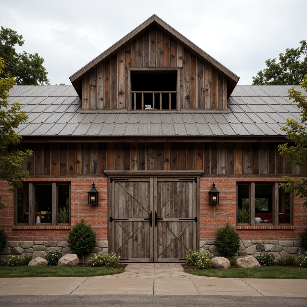 Prompt: Rustic barn, weathered wooden planks, corrugated metal roofs, vintage farm equipment, distressed brick walls, earthy tone colors, natural stone foundations, aged wood accents, ornate metal door handles, classic lanterns, symmetrical fa\u00e7ade, pitched rooflines, warm soft lighting, shallow depth of field, 1/1 composition, realistic textures, ambient occlusion.