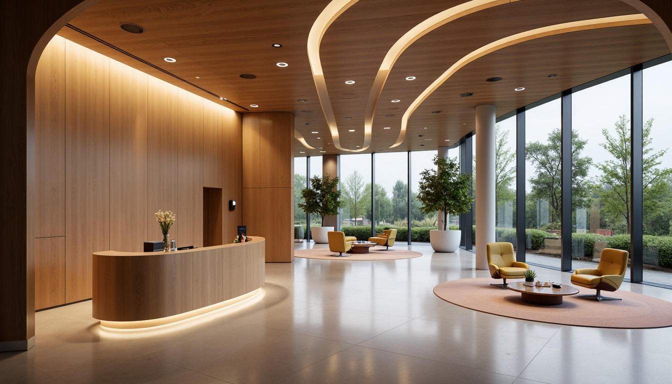 Prompt: Curved lines, minimalist decor, polished chrome fixtures, soft warm glow, ambient lighting, subtle color temperatures, calming atmosphere, sleek waiting areas, modern reception desks, comfortable seating, natural wood accents, large windows, abundant daylight, gentle shading devices, 1/1 composition, realistic reflections, subtle gradient maps.