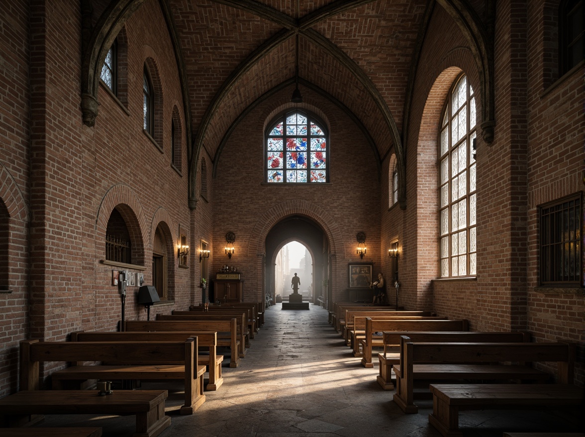 Prompt: Ancient stone church, rustic masonry textures, weathered brick facades, ornate stained glass windows, Gothic arches, vaulted ceilings, grandiose entranceways, intricate carvings, mystical ambiance, warm candlelight, soft misty atmosphere, foggy morning light, 1/1 composition, symmetrical framing, subtle color grading, high-dynamic-range capture.