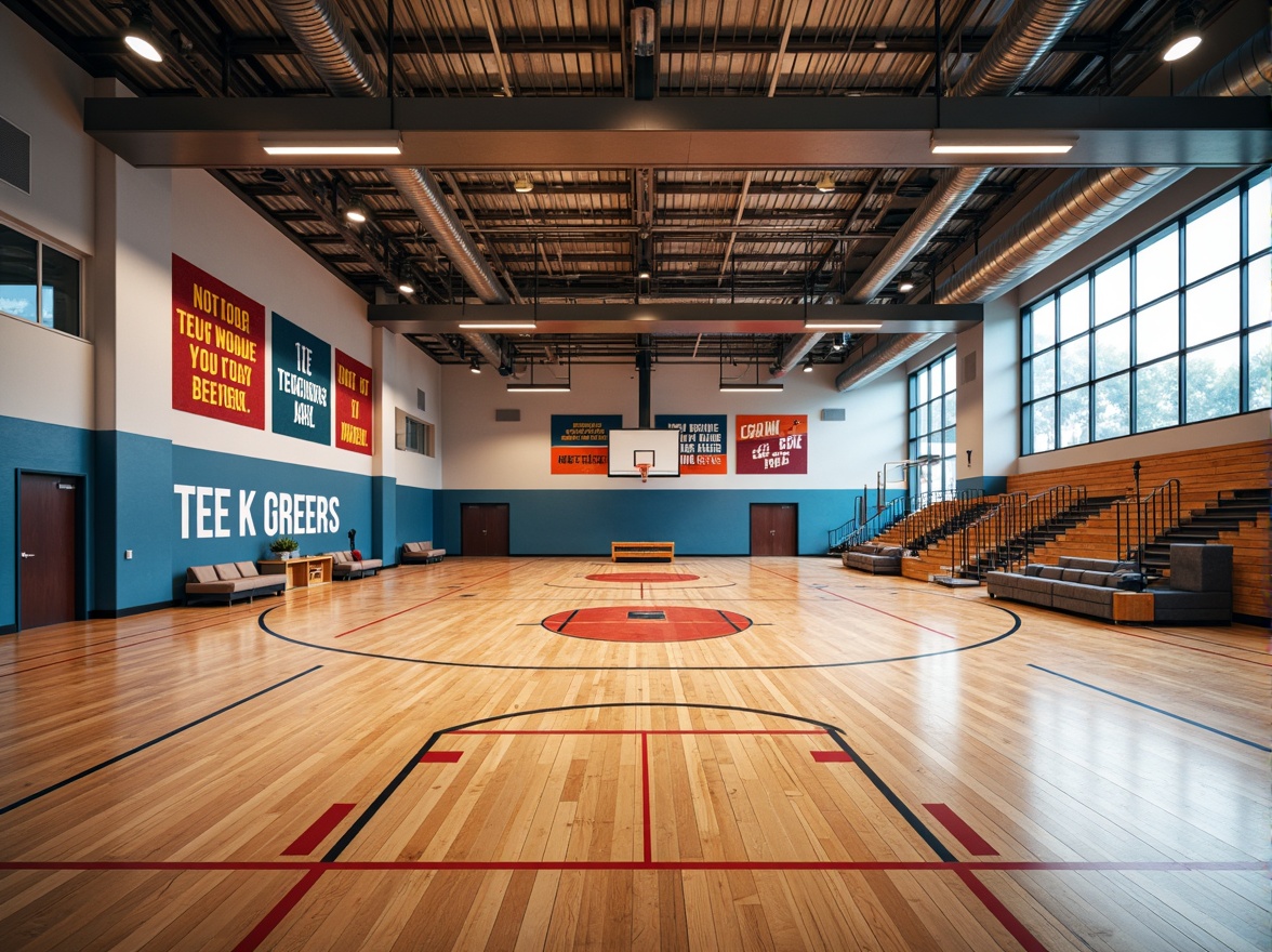 Prompt: Modern gymnasium, polished wooden floors, athletic track lines, suspended ceilings, exposed ductwork, industrial-style lighting, motivational quotes, sports-themed murals, bold color schemes, dynamic acoustic panels, sound-absorbing materials, sleek metal beams, minimalist bleachers, functional storage spaces, high-gloss paint finishes, durable rubber flooring, shock-absorbing underlayment, vibrant LED strip lighting, panoramic windows, natural daylight, warm ambient glow, shallow depth of field, 2/3 composition, realistic textures.