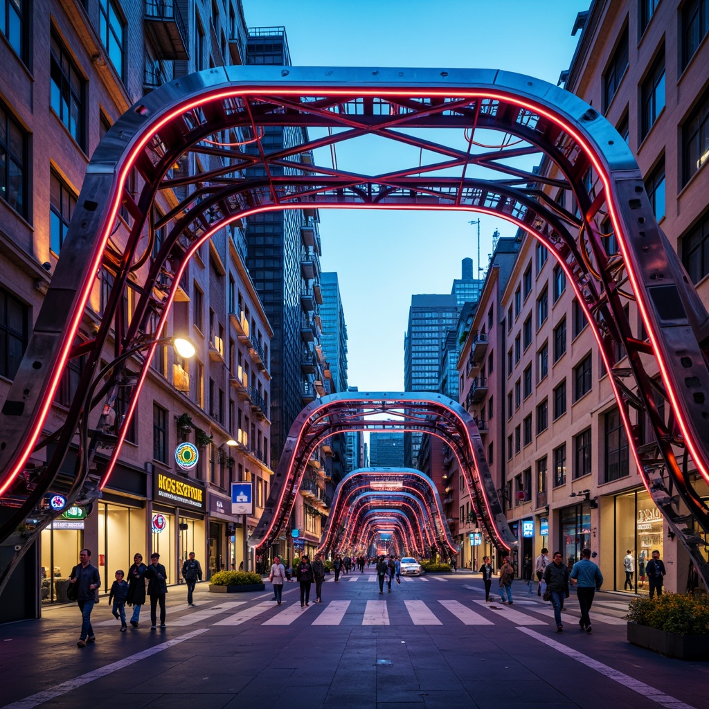 Prompt: Futuristic bus station, curved metal structures, neon lights, vibrant colors, abstract patterns, geometric shapes, asymmetrical forms, irregular lines, dynamic movements, urban cityscape, busy streets, concrete roads, metropolitan atmosphere, morning rush hour, soft warm lighting, shallow depth of field, 1/1 composition, realistic textures, ambient occlusion.