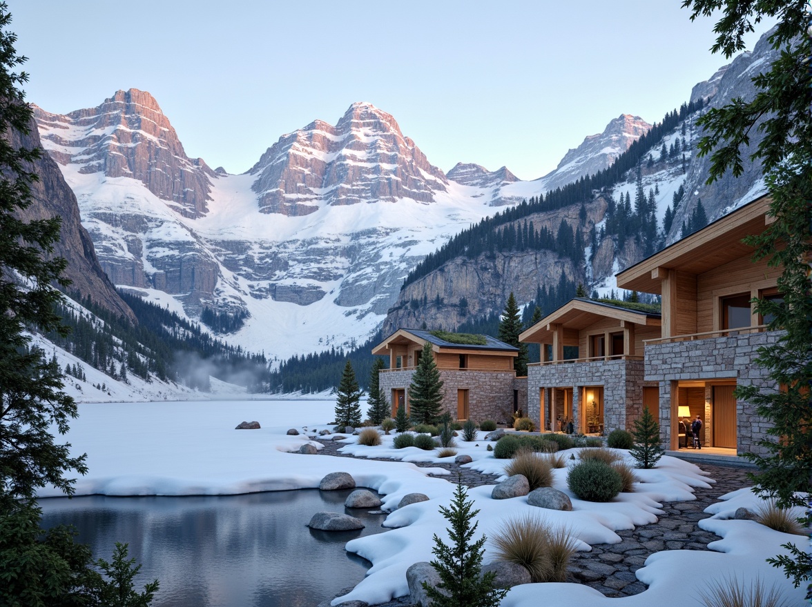 Prompt: Snow-capped mountains, frozen lakes, ski lifts, wooden chalets, natural stone walls, earthy tones, organic shapes, green roofs, living walls, floor-to-ceiling windows, abundant daylight, warm cozy lighting, rustic wood accents, reclaimed materials, minimal ornamentation, seamless transitions, blurred boundaries, connection to nature, panoramic views, misty mornings, snowflakes gently falling, soft warm light, 1/2 composition, atmospheric perspective, realistic textures, ambient occlusion.