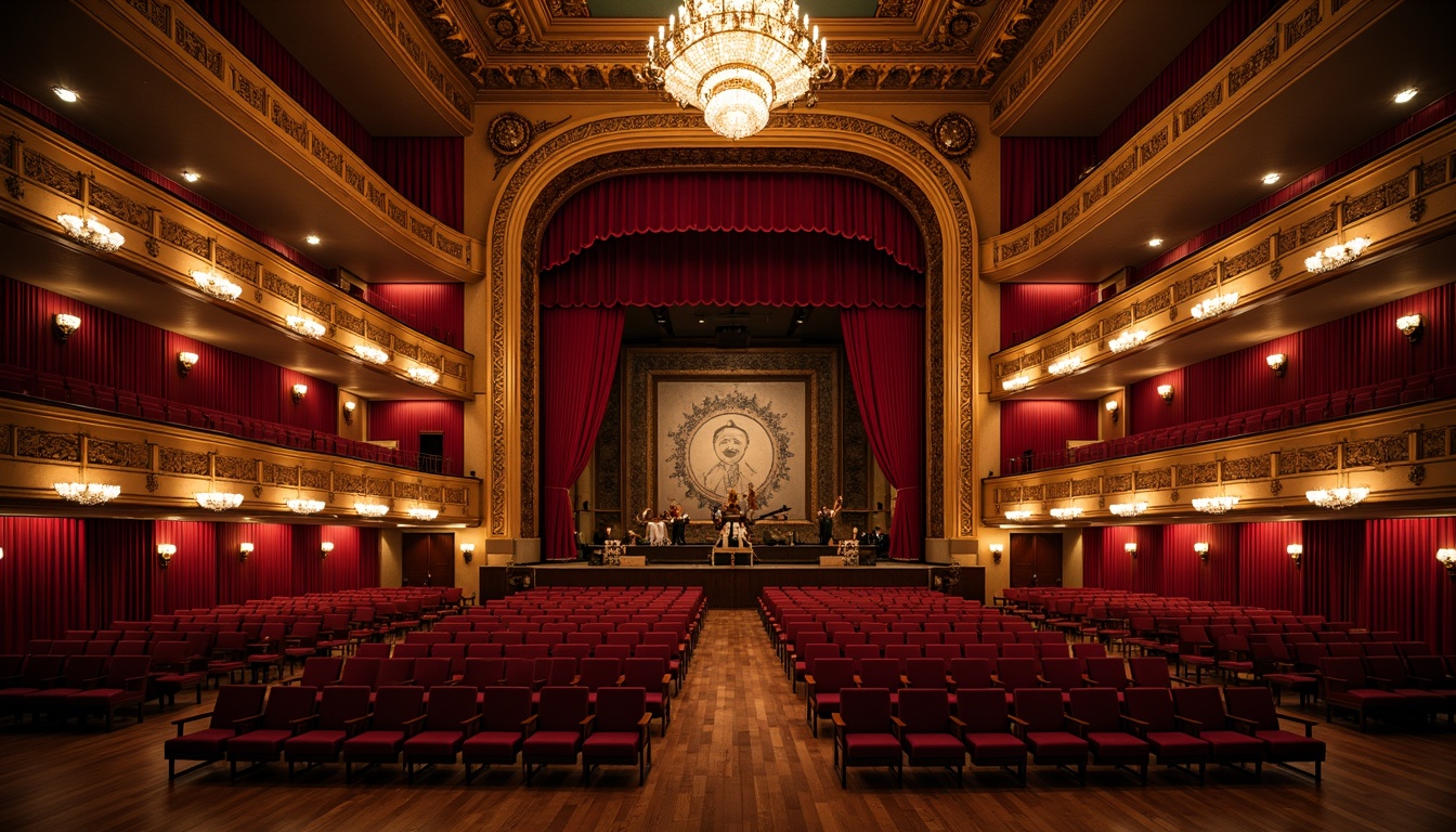 Prompt: Elegant opera house interior, ornate chandeliers, velvet curtains, wooden floorboards, luxurious seating, grand balconies, intricate moldings, acoustic panels, sound-absorbing materials, tiered audience seating, dramatic stage lighting, rich wood tones, crimson red accents, gilded details, soft warm glow, shallow depth of field, 1/2 composition, realistic textures, ambient occlusion.