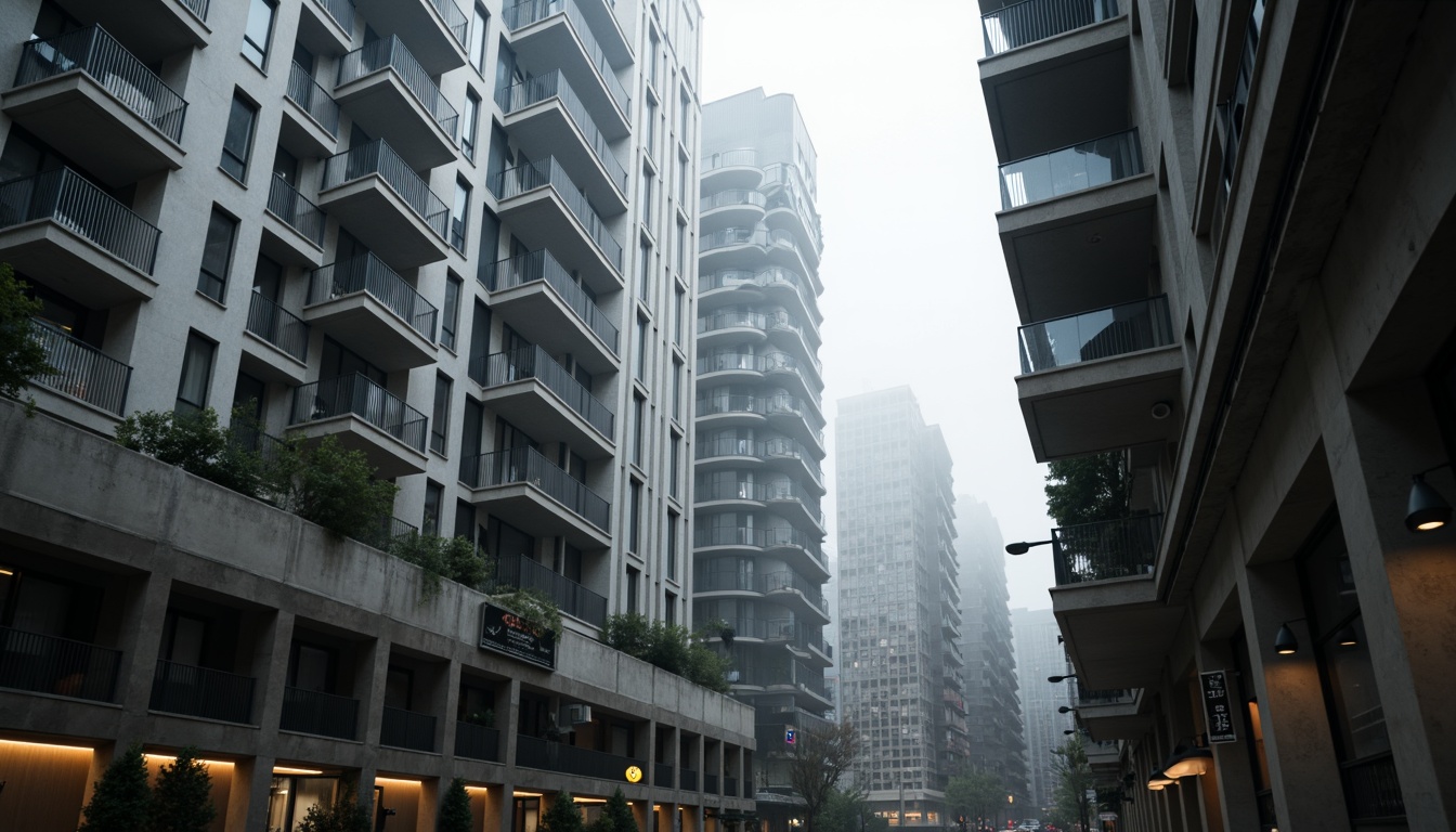 Prompt: Sleek watching towers, modernist architecture, reinforced concrete structures, angular geometries, cantilevered balconies, minimalist ornamentation, steel beams, industrial materials, urban cityscape, foggy morning atmosphere, dramatic lighting, high contrast shadows, 1/1 composition, low angle shot, gritty textures, atmospheric perspective.