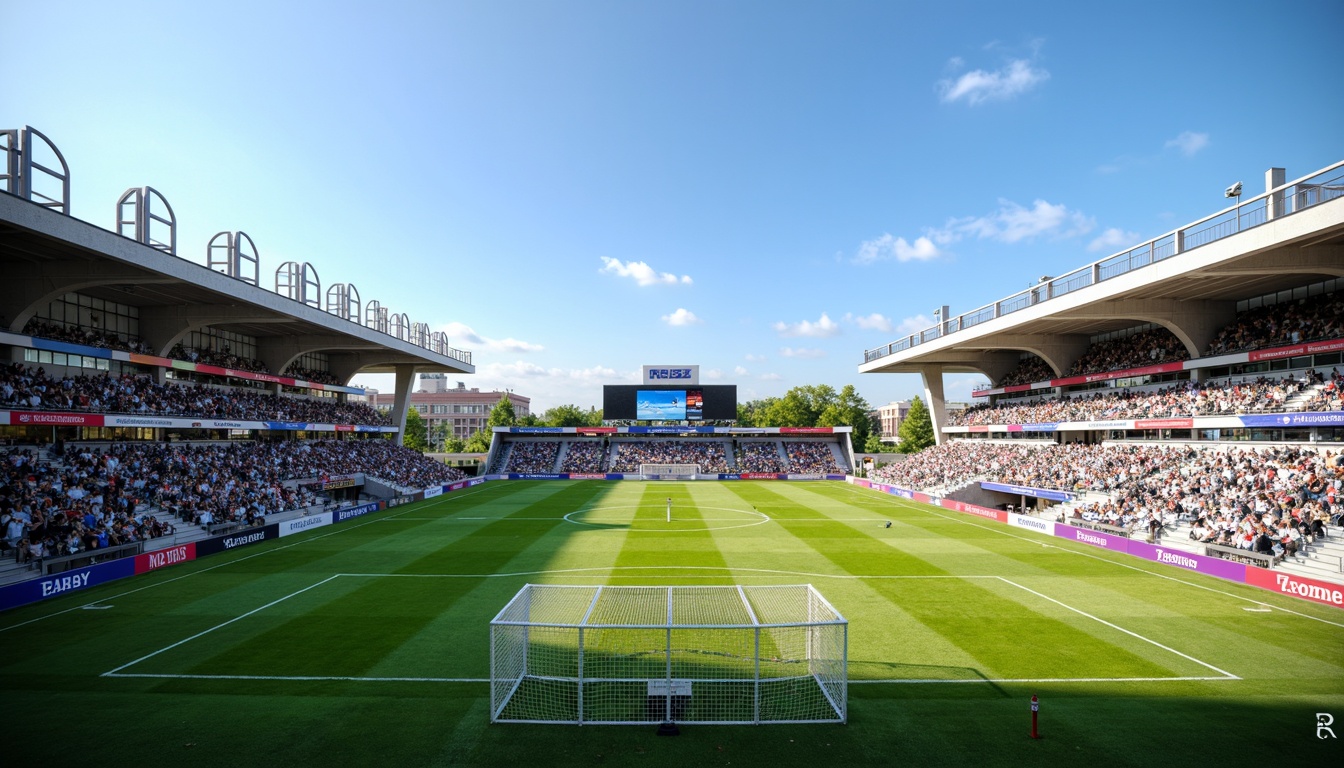 Prompt: Soccer stadium, grandstand seating, lush green grass, white goalposts, vibrant team colors, athletic track, scoreboard displays, floodlighting, clear blue sky, open-air atmosphere, tiered spectator sections, VIP luxury suites, concession stands, merchandise kiosks, player tunnels, locker rooms, press boxes, broadcasting equipment, natural stone fa\u00e7ade, modern architecture, cantilevered roofs, transparent glass walls, sleek metal beams, shallow depth of field, 3/4 composition, panoramic view, realistic textures, ambient occlusion.