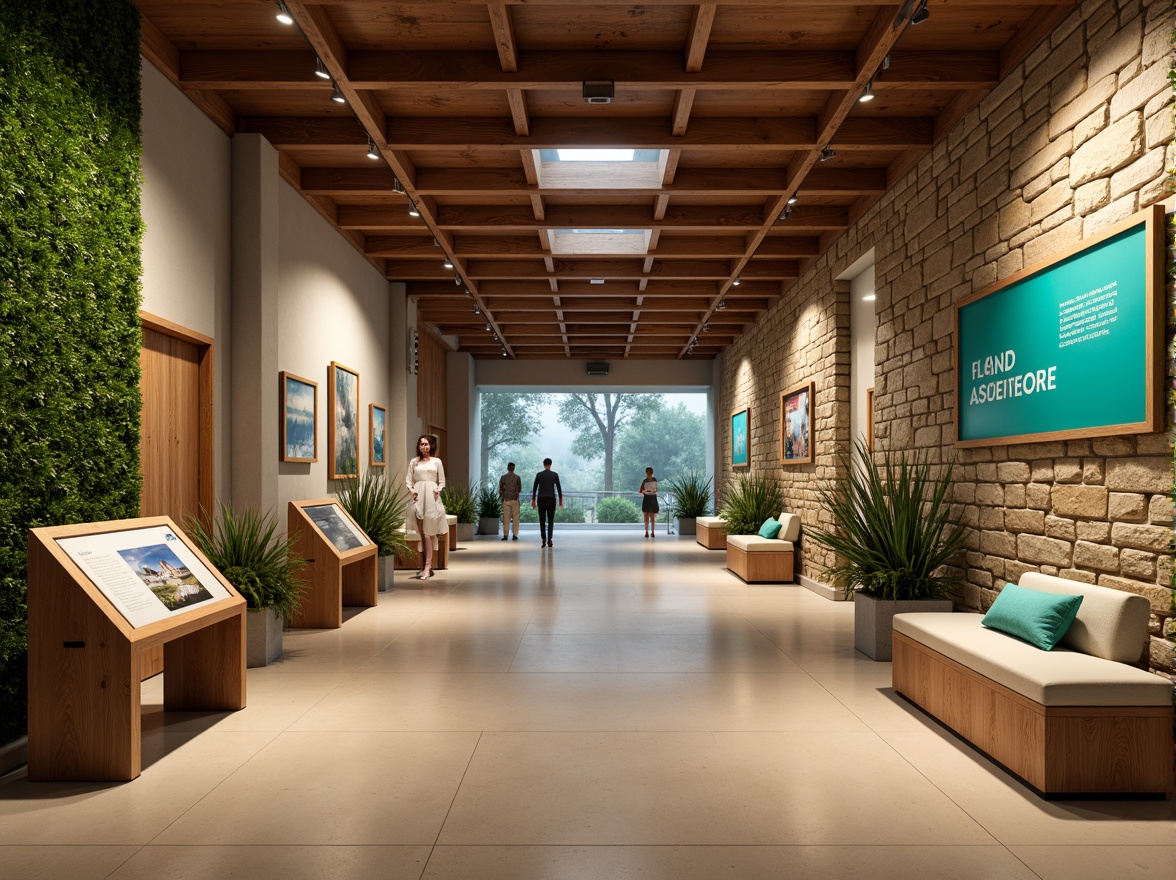 Prompt: Earthy tones, natural stone walls, wooden accents, warm beige flooring, soft sage greenery, vibrant turquoise signage, rustic metal fixtures, cozy ambient lighting, shallow depth of field, 2/3 composition, realistic textures, misty atmospheric effects, inviting open spaces, educational exhibits, interactive displays, comfortable seating areas, panoramic views, organic shapes, nature-inspired patterns.