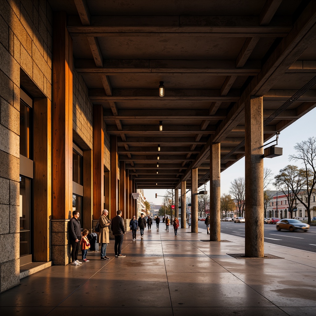 Prompt: Earthy tone mud bus station, rough textures, natural stone walls, wooden accents, organic curves, earthy scent, misty atmosphere, soft warm lighting, shallow depth of field, 3/4 composition, panoramic view, realistic textures, ambient occlusion, modern industrial architecture, metal beams, exposed ductwork, functional design, urban cityscape, busy streets, pedestrian traffic, city lights, evening commute.