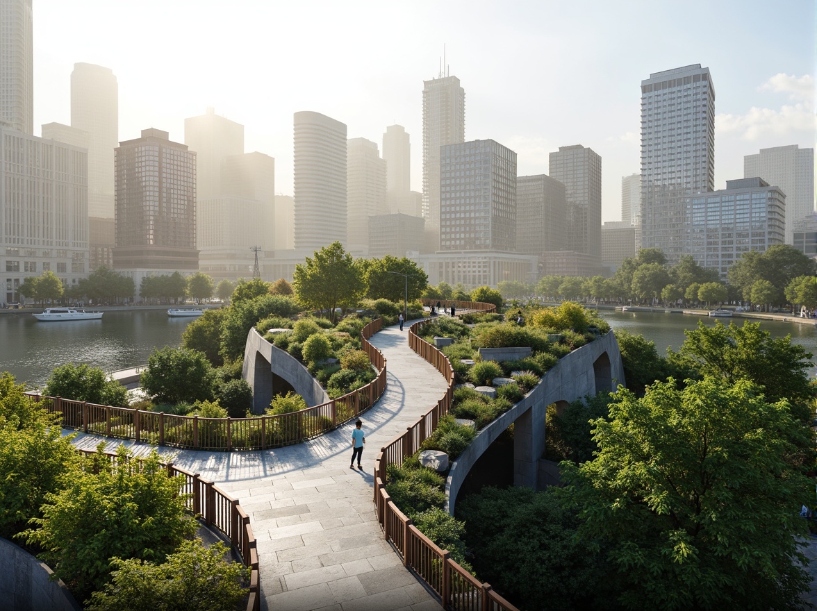 Prompt: Eco-friendly pedestrian bridge, lush green roofs, native plant species, reclaimed wood railings, energy-harvesting LED lighting, solar panels, rainwater harvesting systems, natural ventilation, curved organic shape, steel and glass materials, minimalist design, urban landscape, city skyline view, morning misty atmosphere, soft diffused light, 1/1 composition, realistic reflections.