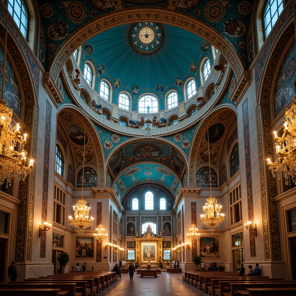 Prompt: \Byzantine-style church, azure domes, golden accents, intricate mosaics, ornate frescoes, rich tapestries, luxurious marble floors, grandiose archways, ornamental columns, lavish chandeliers, stunning stained glass windows, warm candlelight, mystical atmosphere, soft focus, shallow depth of field, 1/2 composition, symmetrical framing, vibrant turquoise hues, majestic architecture, sacred ambiance.\