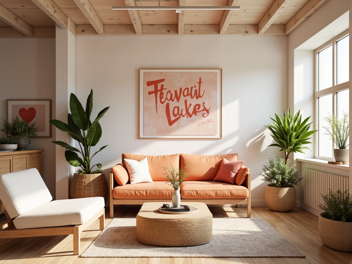 Prompt: Vibrant design studio, eclectic furniture, bold typography, pastel color scheme, soft peach tones, creamy whites, rich wood accents, natural textiles, woven baskets, potted greenery, abstract artwork, geometric patterns, minimalist decor, airy atmosphere, warm ambient lighting, shallow depth of field, 1/1 composition, realistic textures, subtle gradient effects.