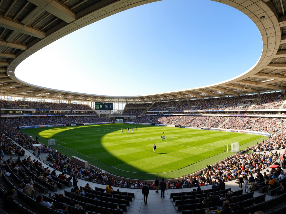 Prompt: Modern soccer stadium, sleek curved lines, vibrant green grass, goalposts, player benches, spectator seating, luxury suites, VIP areas, concession stands, restrooms, natural stone fa\u00e7ade, steel beams, cantilevered roofs, open-air atmosphere, warm sunny day, soft diffused lighting, shallow depth of field, 3/4 composition, panoramic view, realistic textures, ambient occlusion, dynamic crowd simulation, athletic track, scoreboard displays, floodlighting systems.