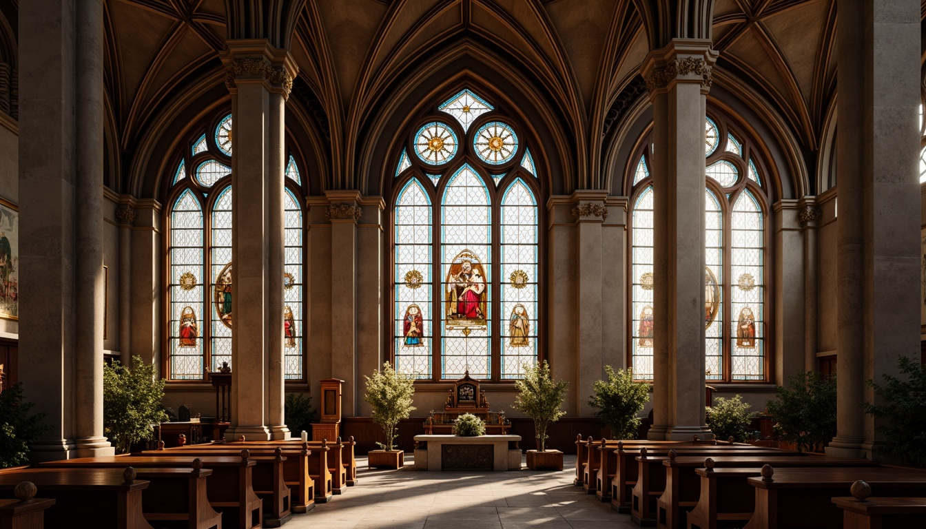 Prompt: Stained glass windows, ornate frames, Gothic arches, intricate stone carvings, grand cathedral ceilings, spiritual ambiance, warm natural lighting, soft color palette, elegant proportions, symmetrical composition, majestic verticality, solemn atmosphere, reverent silence, subtle texture details, realistic material representations, ambient occlusion, 1/1 composition, shallow depth of field, panoramic view.