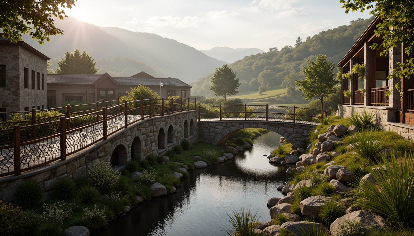 Prompt: Rustic countryside, rolling hills, winding rivers, Art Nouveau bridges, ornate metal railings, flowing organic lines, curved arches, natural stone foundations, moss-covered stonework, weathered wooden accents, vintage lanterns, soft warm lighting, misty morning atmosphere, 1/1 composition, symmetrical framing, shallow depth of field, realistic textures, ambient occlusion.