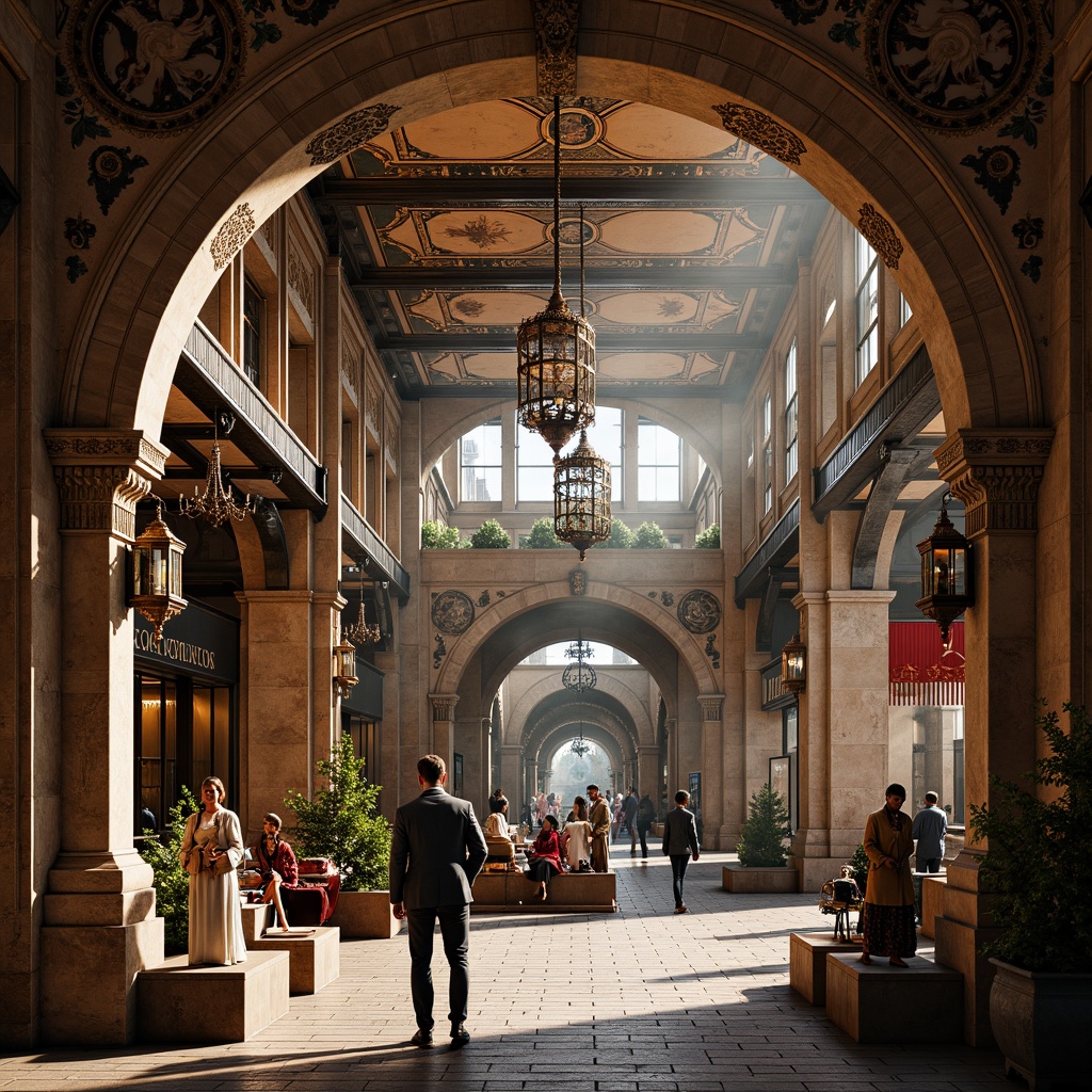 Prompt: Renaissance-style market hall, ornate stone carvings, grand archways, intricate ironwork, vibrant frescoes, ornamental clock towers, rustic wooden beams, luxurious chandeliers, rich velvet fabrics, golden accents, soft warm lighting, shallow depth of field, 3/4 composition, panoramic view, realistic textures, ambient occlusion.