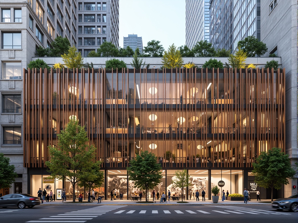 Prompt: Urban cityscape, modern skyscrapers, busy streets, Chukum wood facades, natural texture, warm earthy tones, wooden accents, sleek metal frames, large glass windows, green roofs, vibrant street art, bustling urban atmosphere, shallow depth of field, 1/1 composition, realistic reflections, ambient occlusion.