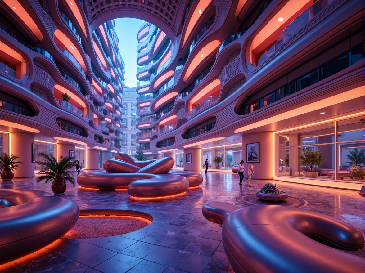 Prompt: Organic blob-like structures, futuristic architecture design, modular elements, interconnected nodes, curvaceous lines, vibrant neon colors, glowing accents, iridescent materials, metallic surfaces, reflective glass, sleek minimalist aesthetic, ambient occlusion, soft warm lighting, shallow depth of field, 3/4 composition, panoramic view.