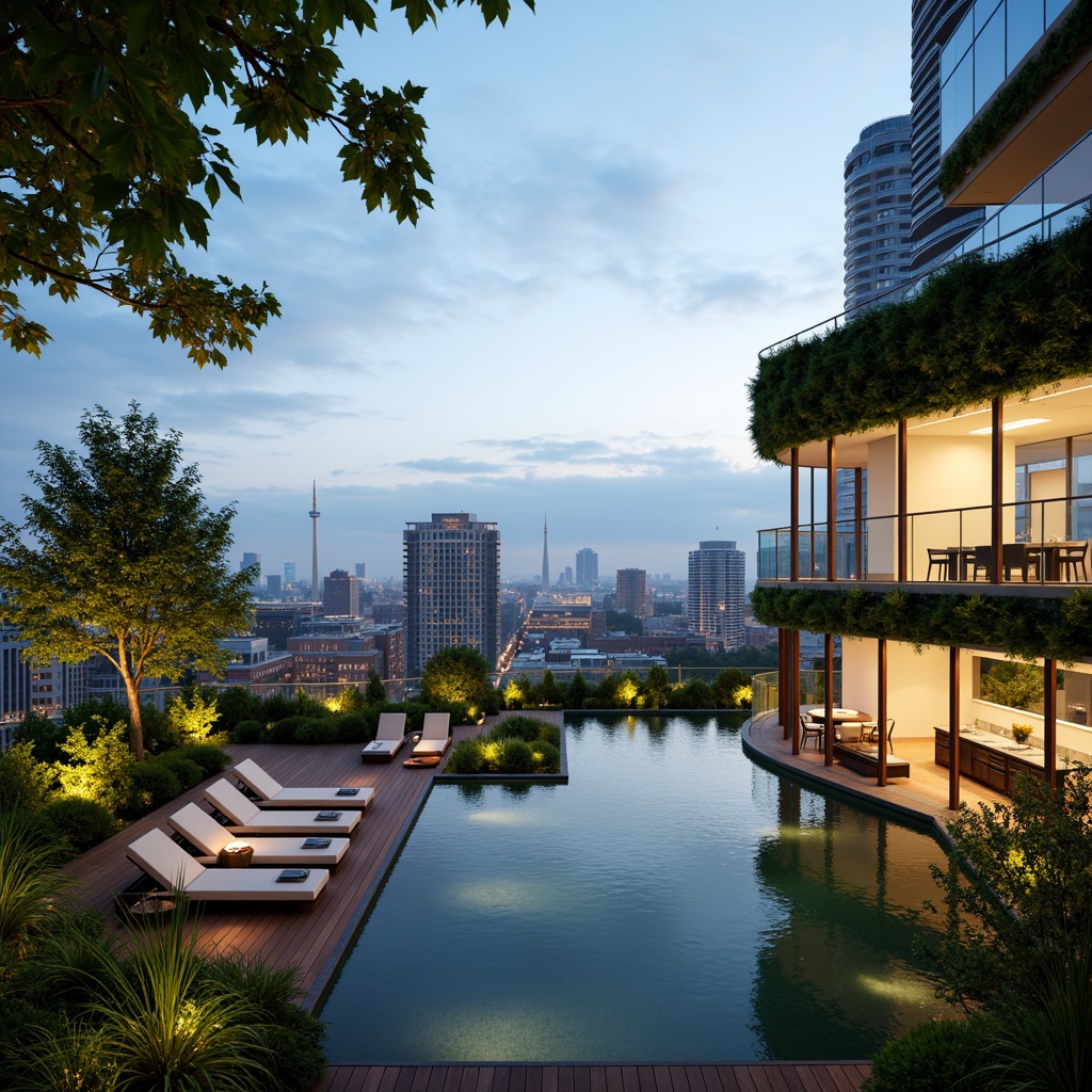 Prompt: Luxurious penthouse, panoramic city view, sleek modern architecture, floor-to-ceiling windows, sliding glass doors, lush green roof, living walls, verdant terraces, outdoor kitchen, dining area, infinity pool, waterfall feature, tropical plants, warm wooden decking, ambient lighting, shallow depth of field, 3/4 composition, realistic textures, soft focus blur.