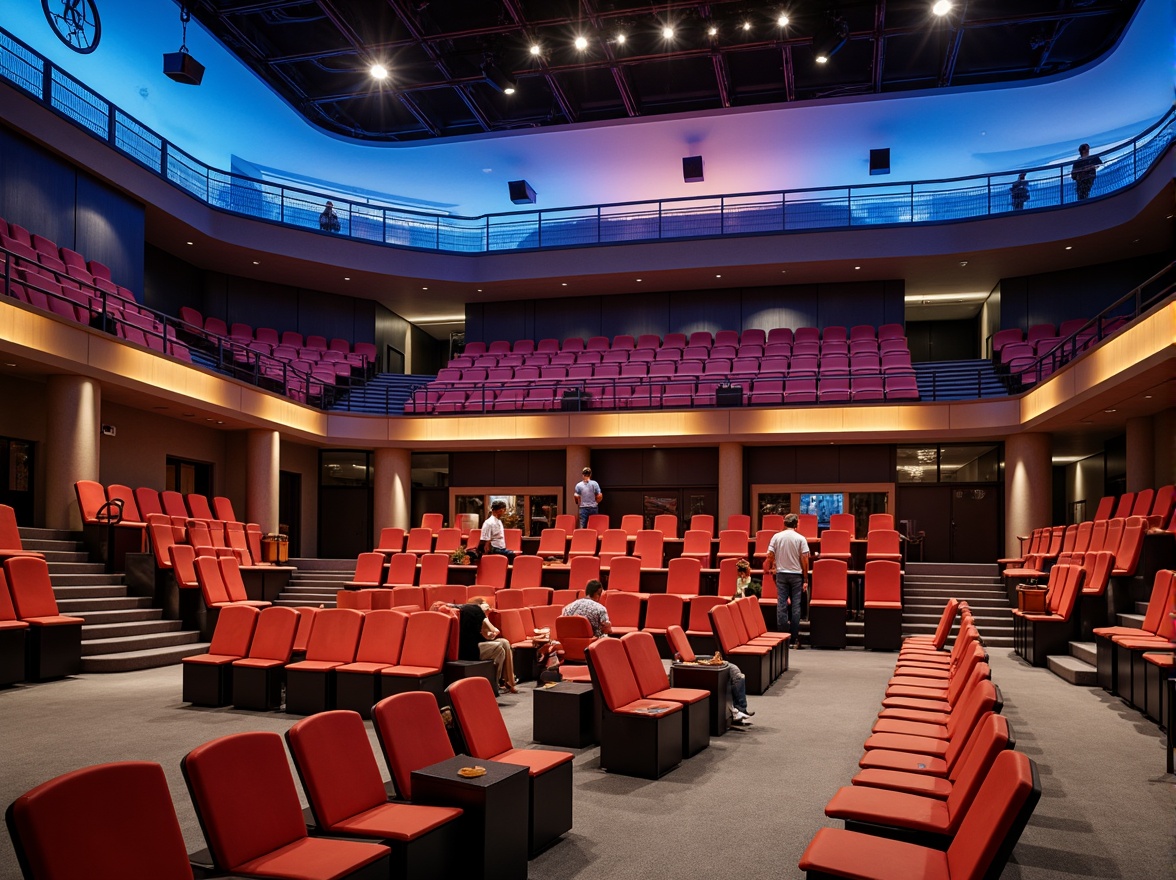 Prompt: Modern amphitheater design, tiered seating arrangement, ergonomic chairs, vibrant color scheme, optimal sightlines, unobstructed views, spacious aisles, accessible ramps, gentle slope, premium materials, sleek railings, ambient lighting, soft warm glow, shallow depth of field, 3/4 composition, panoramic view, realistic textures, ambient occlusion.