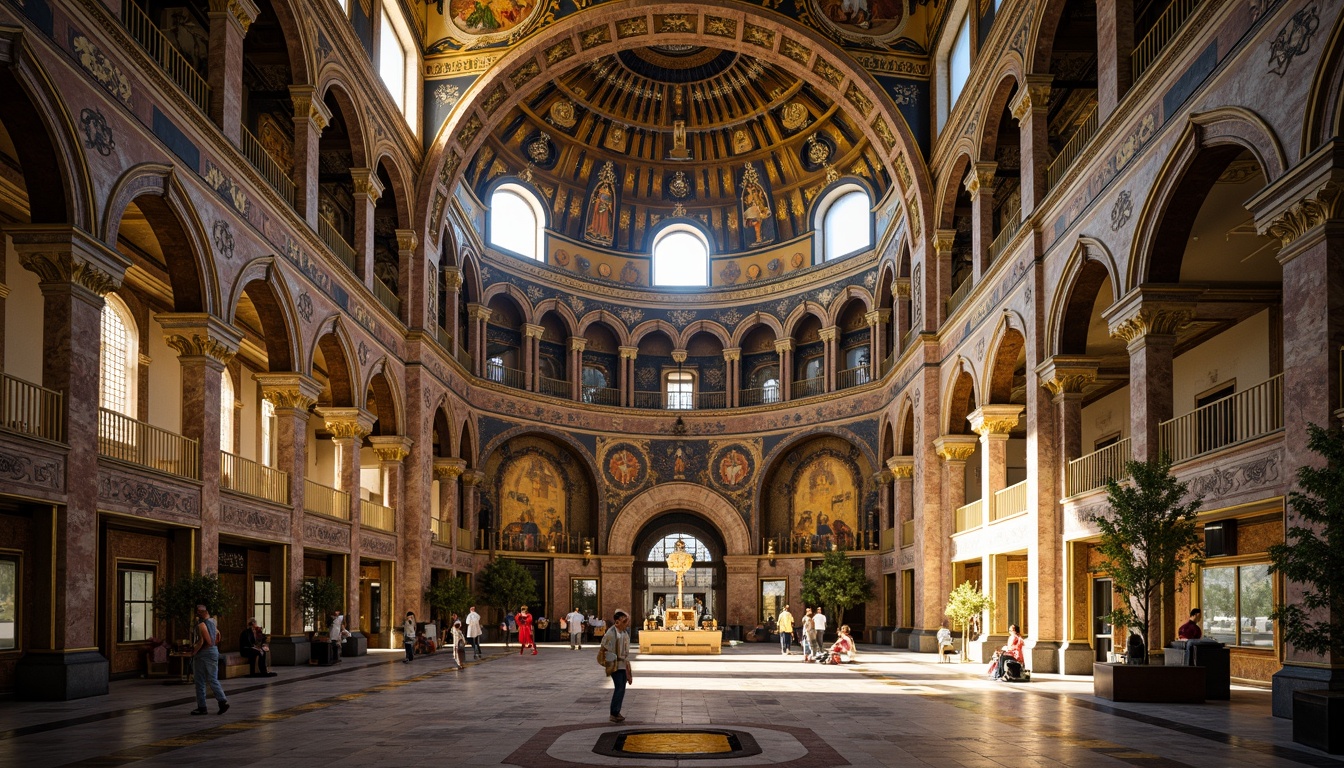 Prompt: Intricate mosaics, golden tesserae, vivid colors, ornate patterns, religious iconography, majestic domes, grand arches, ornate columns, marble floors, intricate stone carvings, Byzantine architectural style, lavish decorations, sacred atmospheres, warm lighting, shallow depth of field, 1/1 composition, realistic textures, ambient occlusion.