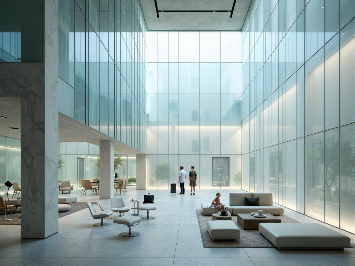 Prompt: Ethereal interior, translucent glass walls, minimalist decor, subtle lighting effects, soft glowing ambiance, delicate metal frames, sleek modern furniture, polished marble floors, luxurious textiles, ambient reflections, shallow depth of field, 1/1 composition, natural daylight, softbox lighting, realistic materials, high-gloss finishes.