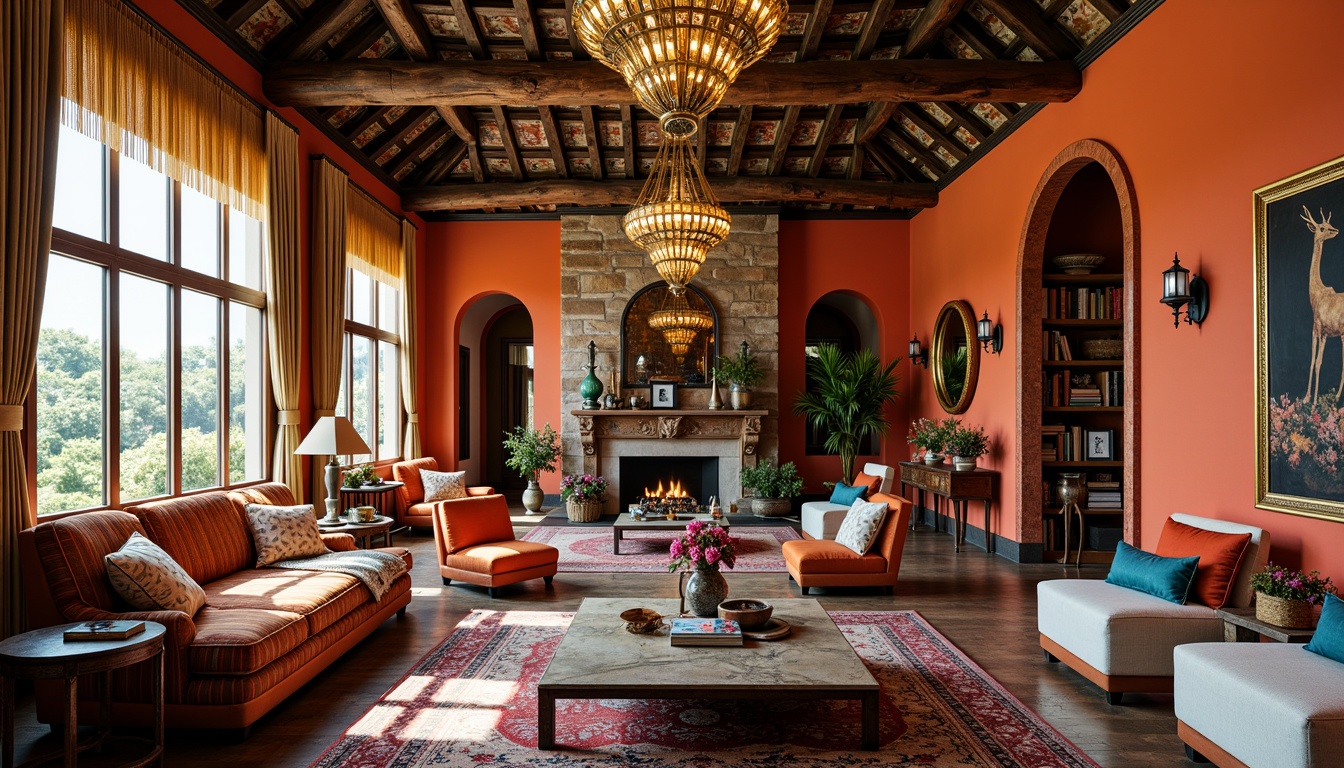 Prompt: Vibrant eclecticism architecture, bold color blocking, rich textures, eclectic furniture, antique artifacts, vintage accessories, ornate details, distressed finishes, bohemian patterns, Moroccan tiles, Indian prints, African crafts, rustic wood accents, metallic tones, luxurious fabrics, opulent lighting, grand chandeliers, lavish decor, intricate moldings, statement walls, bold architectural forms, asymmetrical compositions, playful color combinations, whimsical accents, free-spirited ambiance, eclectic art pieces.