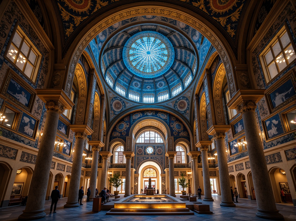 Prompt: Byzantine-inspired architecture, ornate domes, azure blue hues, golden accents, intricate mosaics, ornamental archways, grandiose columns, lavish decorations, rich tapestries, regal throne rooms, imperial courtyards, mystic candlelit ambiance, soft warm lighting, shallow depth of field, 3/4 composition, realistic textures, ambient occlusion.