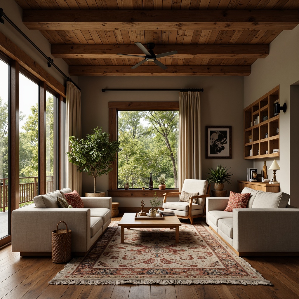 Prompt: Cozy living room, earthy tones, natural textures, wooden furniture, plush rugs, warm lighting, traditional ornaments, regional patterns, rustic accents, functional spaces, open layout, flowing circulation, minimal partitions, comfortable seating areas, built-in shelving units, decorative ceiling beams, large windows, soft curtains, lush greenery views, serene atmosphere, gentle color palette, 1/1 composition, realistic textures, ambient occlusion.