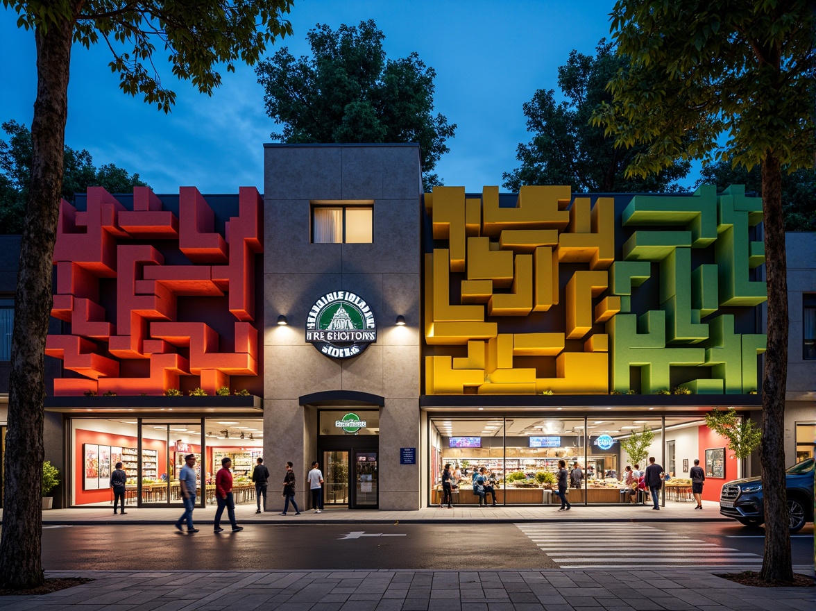 Prompt: Vibrant grocery store facade, expressionist architecture, bold color blocks, abstract geometric shapes, distorted forms, playful typography, oversized signage, eclectic material mix, rough textured concrete, sleek metallic accents, irregular window patterns, dynamic lighting effects, nighttime neon illumination, urban cityscape, bustling street activity, pedestrian-friendly sidewalk, adjacent parking lot, modern shopping cart icons.