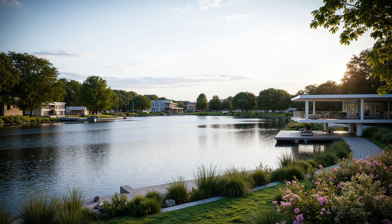 Prompt: Serene lakefront, gentle ripples, sparkling water reflections, surrounding lush greenery, vibrant flowers, modern architectural design, sleek glass buildings, cantilevered decks, wooden docks, tranquil atmosphere, soft natural lighting, shallow depth of field, 3/4 composition, panoramic view, realistic textures, ambient occlusion, rippling water effects, subtle misting systems, natural stone paving, winding walking paths, scenic lookout points, calming ambiance.