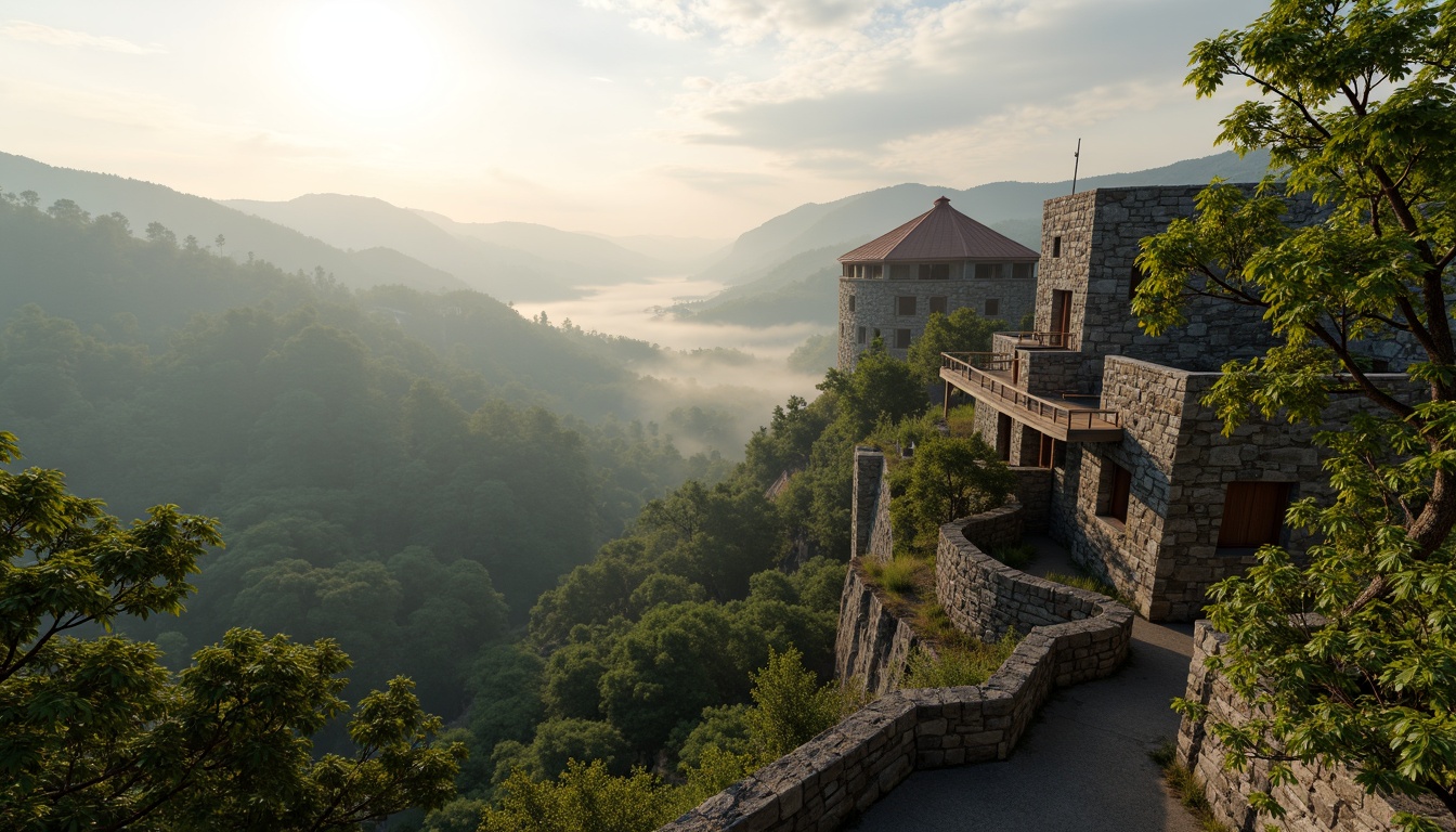 Prompt: Panoramic watchtower, rugged stone walls, verdant green roofs, twisted tree branches, wooden observation decks, misty morning atmosphere, soft warm lighting, shallow depth of field, 3/4 composition, scenic landscape views, rolling hills, distant mountains, meandering rivers, lush forests, natural rock formations, earthy tones, organic textures, ambient occlusion.