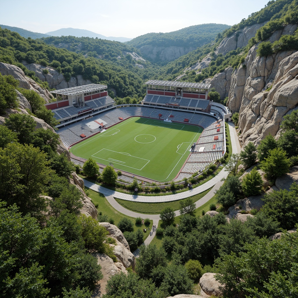 Prompt: Natural hillside seating, lush greenery surroundings, winding walking trails, elevated viewing platforms, rustic stone walls, modern stadium architecture, curved lines, cantilevered roofs, transparent glass facades, retractable roofs, floodlighting, panoramic views, dynamic shadows, 1/2 composition, realistic textures, ambient occlusion.