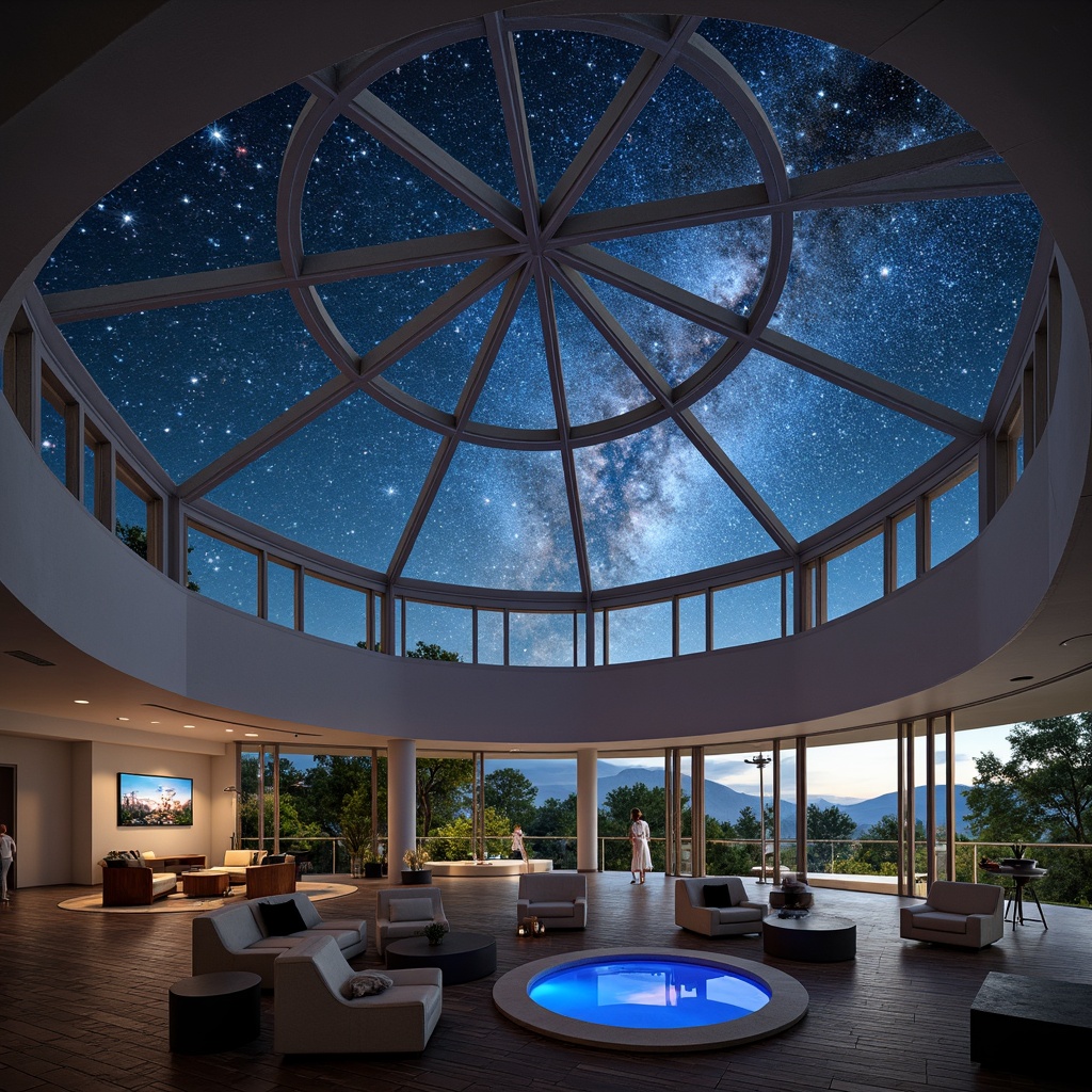 Prompt: Geodesic dome, planetarium-inspired architecture, futuristic homes, panoramic windows, sliding glass doors, minimalist interior design, starry night sky projections, ambient soft lighting, diffused natural light, cozy reading nooks, circular seating areas, astronomy-themed decor, celestial body patterns, metallic accents, sleek lines, open floor plans, curved staircases, spacious living rooms, dramatic vertical spaces, 1/1 composition, realistic reflections, subtle shading.