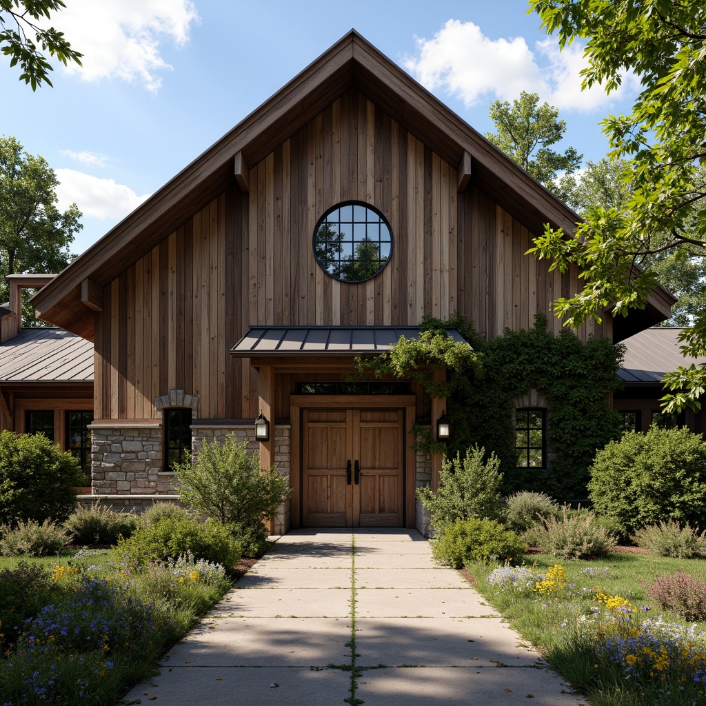 Prompt: Rustic barn-style academic building, distressed wooden planks, vintage metal roofing, earthy stone walls, ivy-covered facades, ornate wooden doors, classic lanterns, symmetrical composition, warm soft lighting, shallow depth of field, 1/1 aspect ratio, realistic textures, ambient occlusion, natural surroundings, lush greenery, blooming wildflowers, cloudy blue sky, peaceful atmosphere.