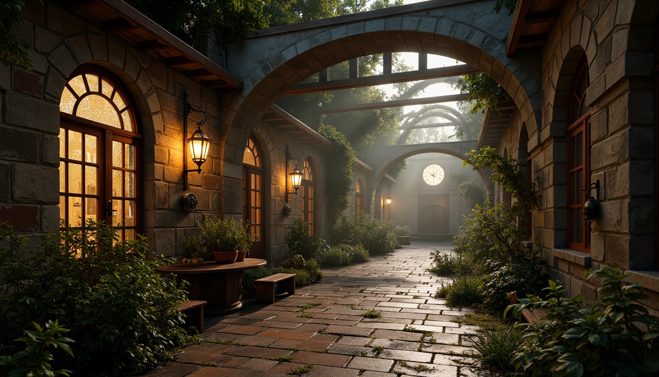 Prompt: Weathered stone walls, rusty metal accents, distressed wooden beams, mysterious lanterns, overgrown ivy, crumbling brickwork, worn flagstones, mystical stained glass, ornate ironwork, intricate clock mechanisms, Gothic-inspired arches, dramatic spot lighting, warm golden hues, eerie foggy atmosphere, 1/1 composition, low-angle shot, cinematic mood.