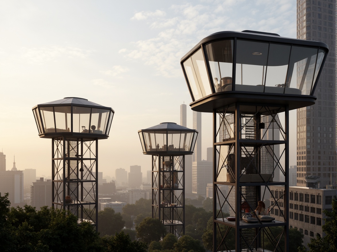 Prompt: Futuristic watching towers, sleek metal framework, angular lines, minimalist design, modernist architecture, cantilevered observation decks, steel beams, industrial materials, exposed ductwork, geometric shapes, urban landscape, cityscape, misty morning, soft warm lighting, shallow depth of field, 3/4 composition, panoramic view, realistic textures, ambient occlusion.