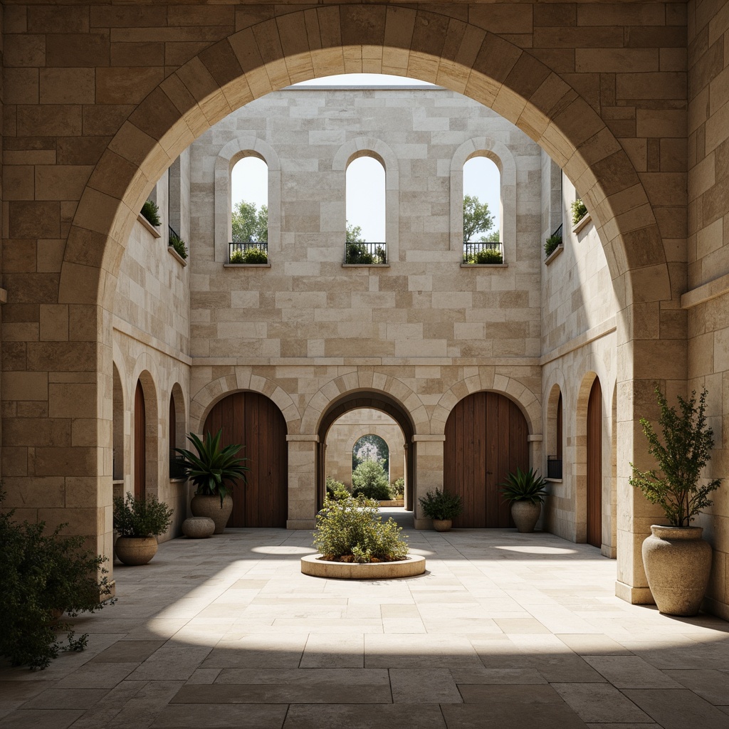 Prompt: Serene monastery courtyard, minimalist architecture, simple stone walls, vaulted ceilings, rustic wooden doors, muted color palette, natural light pouring through clerestory windows, subtle texture variations, sparse greenery, peaceful ambiance, soft diffused lighting, shallow depth of field, 2/3 composition, symmetrical framing, realistic stone textures, ambient occlusion.