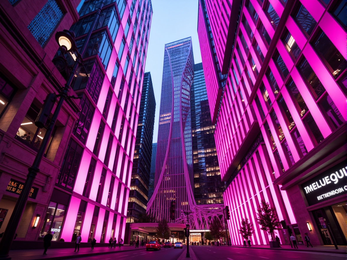 Prompt: Vibrant magenta buildings, dynamic angular lines, iridescent glass facades, neon-lit LED strips, futuristic cityscape, metropolitan skyscrapers, sleek metal accents, bold geometric patterns, abstract art installations, electric pink highlights, glowing luminescent details, high-contrast shading, dramatic shadows, cinematic lighting, 1/1 composition, ultra-wide-angle lens, shallow depth of field, realistic reflections.