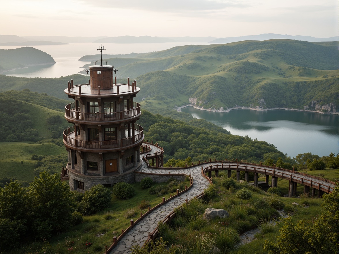 Prompt: Panoramic watchtower, harmonious landscape integration, rolling hills, lush greenery, winding stone paths, rustic wooden bridges, serene lake views, misty morning atmosphere, soft warm lighting, 3/4 composition, realistic textures, ambient occlusion, natural rock formations, earthy color palette, organic architecture, blending with surroundings, observation decks, telescopes, binoculars, scenic lookout points, informational signs, educational exhibits.