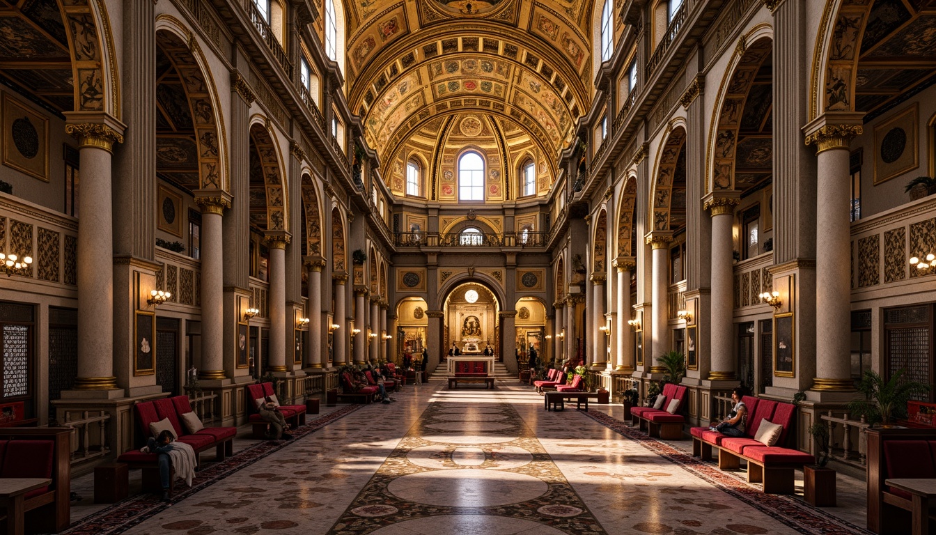 Prompt: Intricate mosaics, golden domes, grand arches, ornate columns, marble floors, richly patterned rugs, lavish furnishings, regal thrones, sacred icons, solemn atmosphere, soft warm lighting, dramatic shadows, 3/4 composition, symmetrical arrangement, central nave, apse, altar, pulpits, clerestory windows, vaulted ceilings, Byzantine-inspired motifs, ornate capitals, detailed carvings.