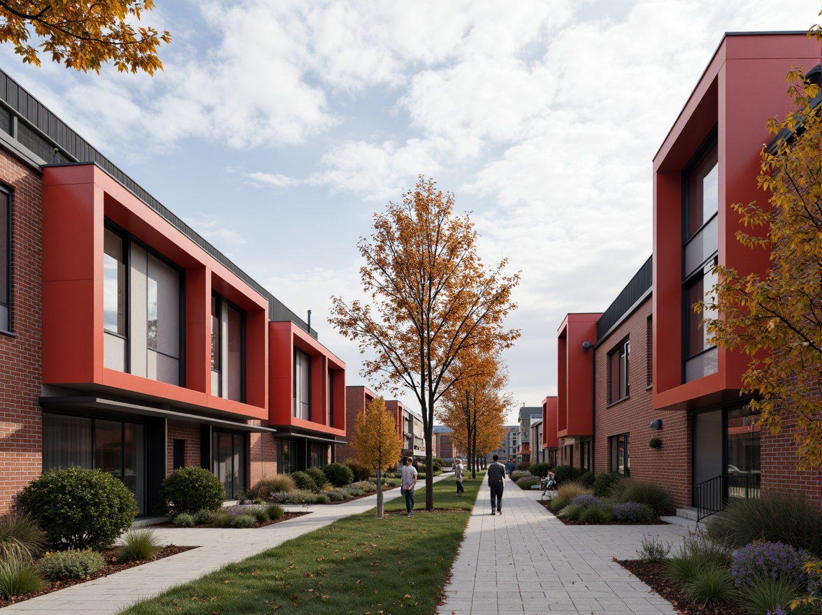 Prompt: Rustic community buildings, Bauhaus-inspired facade, red brick exterior walls, large industrial windows, metal frames, minimalist design, functional architecture, rectangular forms, flat roofs, bold color accents, geometric patterns, modernist ornamentation, urban landscape, pedestrian walkways, cycling paths, street lamps, autumn foliage, cloudy sky, soft diffused lighting, 1/1 composition, realistic textures, subtle ambient occlusion.