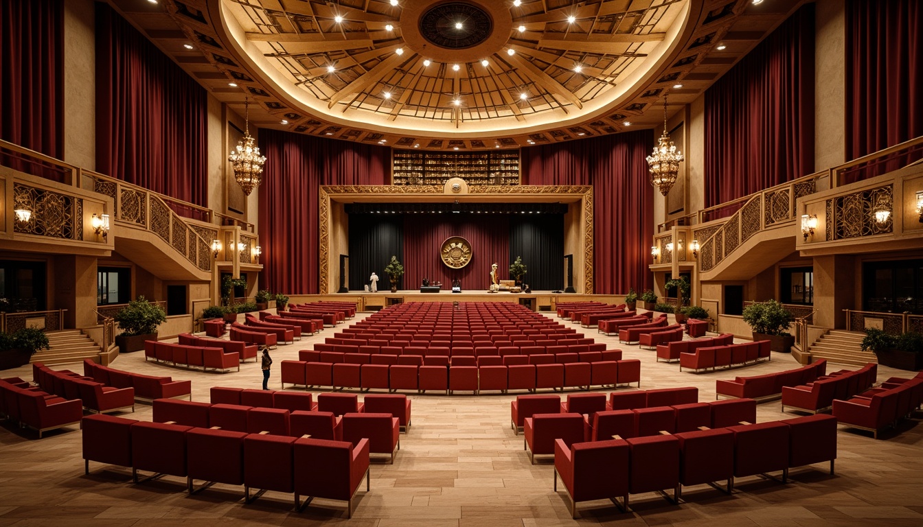 Prompt: Grand auditorium, sweeping curved lines, plush red seats, ornate golden details, dramatic stage lighting, professional sound systems, acoustic panels, wooden floors, velvet curtains, grand chandeliers, elegant staircases, spacious foyers, high ceilings, natural stone walls, comfortable seating arrangements, optimized sightlines, clear audience visibility, intimate atmosphere, warm color schemes, subtle texture variations, 3/4 composition, shallow depth of field, soft warm lighting.