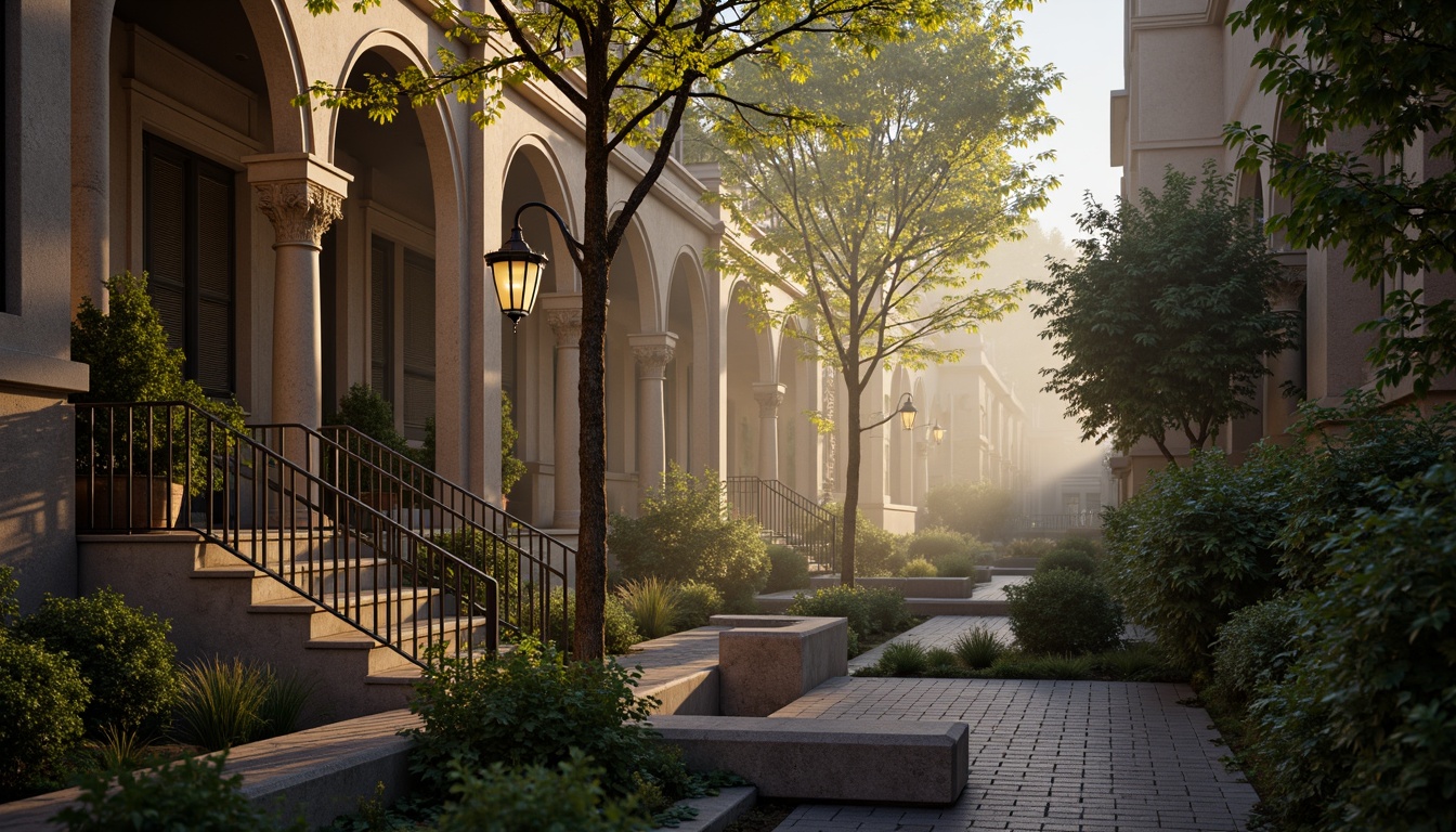 Prompt: Intricate ironwork, ornate lamp posts, flowing organic lines, curved arches, majestic stone piers, decorative railings, sinuous metal balustrades, foliage-inspired motifs, verdigris patina, warm golden lighting, misty atmosphere, soft focus, 1/2 composition, atmospheric perspective, highly detailed textures, subtle ambient occlusion.