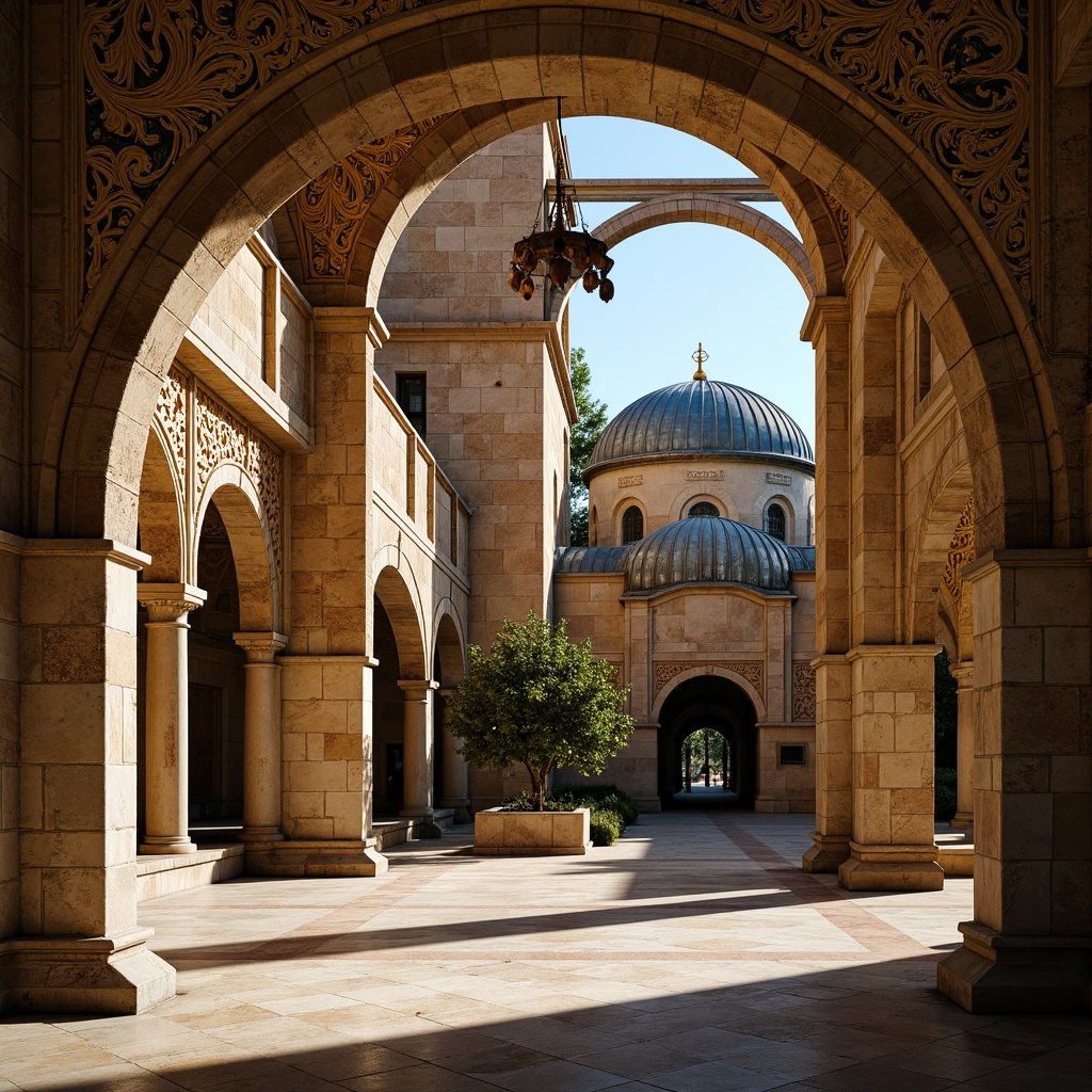 Prompt: Intricate stone carvings, ornate arches, golden mosaics, Byzantine-inspired domes, grand entranceways, rustic stone walls, ancient Greek columns, weathered copper roofs, mystical ambiance, warm sunlight filtering, high contrast lighting, dramatic shadows, 1/1 composition, symmetrical framing, detailed textures, ambient occlusion.