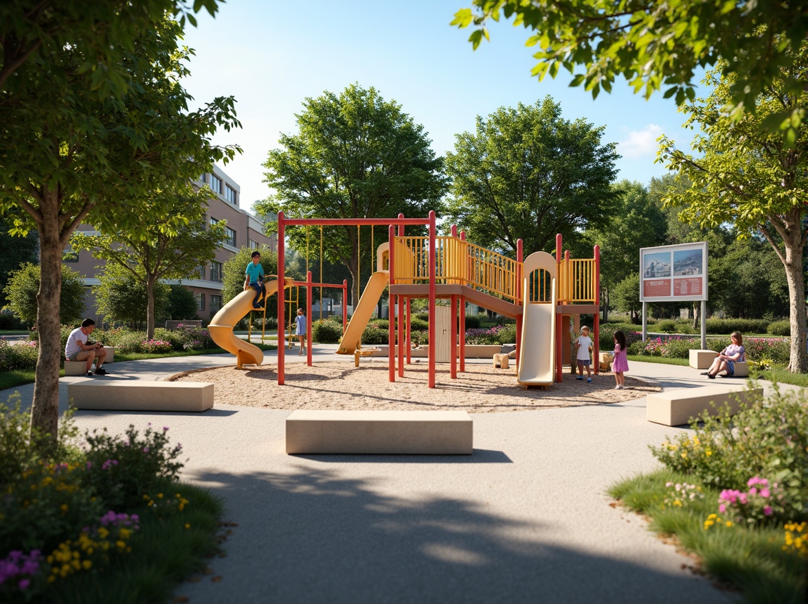 Prompt: Vibrant playground, colorful climbing frames, wooden swings, wavy slides, sandbox areas, rubber safety surfaces, outdoor musical instruments, educational signs, natural stone benches, shade-providing trees, bright blooming flowers, sunny day, warm soft lighting, shallow depth of field, 3/4 composition, panoramic view, realistic textures, ambient occlusion.