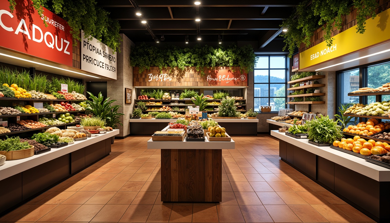 Prompt: Vibrant produce stands, fresh greenery, warm wooden shelves, earthy terracotta floors, natural stone walls, creamy white countertops, bold red accents, bright yellow signage, calming blue undertones, soft overhead lighting, 1/2 composition, intimate product displays, realistic textures, ambient occlusion.