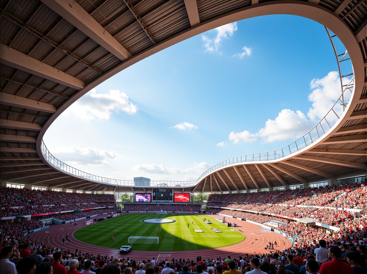 Prompt: Vibrant sports stadium, energetic crowd atmosphere, bold team colors, dynamic LED lighting, sleek modern architecture, curvaceous lines, polished steel structures, green grass fields, track lanes, scoreboard displays, warm sunny day, soft natural light, shallow depth of field, 2/3 composition, panoramic view, realistic textures, ambient occlusion.