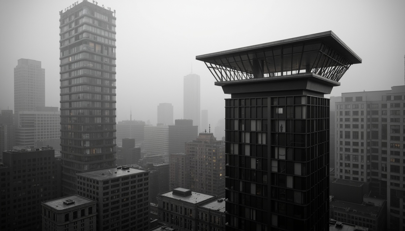 Prompt: Monochromatic watchtower, sleek metallic surfaces, bold minimalist lines, stark industrial textures, dark muted tones, contrasting bright accents, geometric shapes, abstract patterns, urban cityscape, dense foggy atmosphere, misty evening lighting, shallow depth of field, 1/1 composition, cinematic mood, gritty realistic details.Let me know if you need any adjustments!