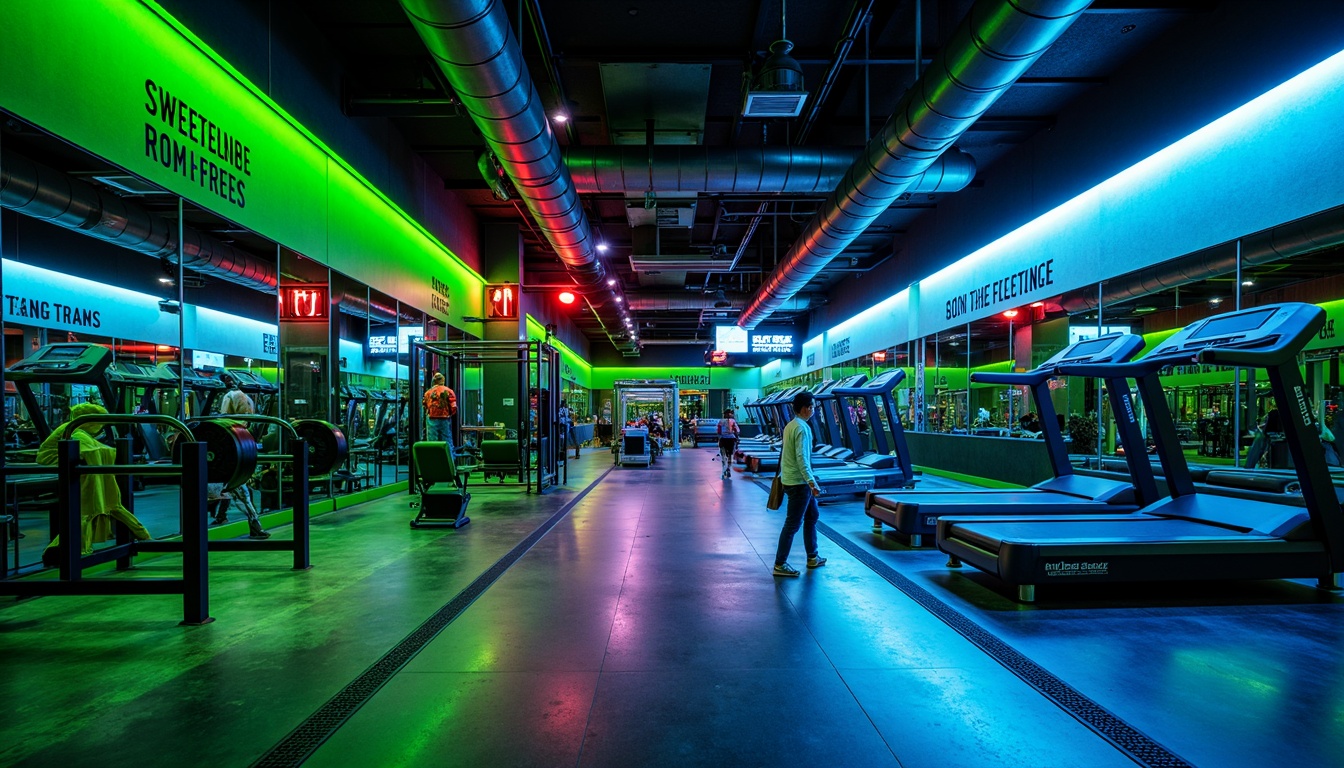 Prompt: Vibrant fitness club, energetic atmosphere, bold color scheme, neon green accents, deep blue tones, motivational quotes, modern LED lighting, sleek metal equipment, rubber flooring, mirrored walls, high ceilings, urban loft style, industrial chic decor, dynamic shadows, high-contrast lighting, 3/4 composition, realistic textures, ambient occlusion.