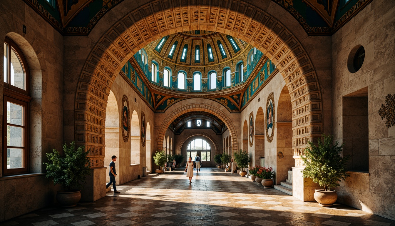 Prompt: Intricate arches, ornate carvings, golden mosaics, rustic stone walls, grand domes, richly patterned textiles, vibrant turquoise accents, warm soft lighting, shallow depth of field, 1/2 composition, symmetrical framing, ornamental Byzantine details, ancient Greek influences, medieval European inspirations, mystical spiritual ambiance, serene atmospheric mood, realistic weathering effects.