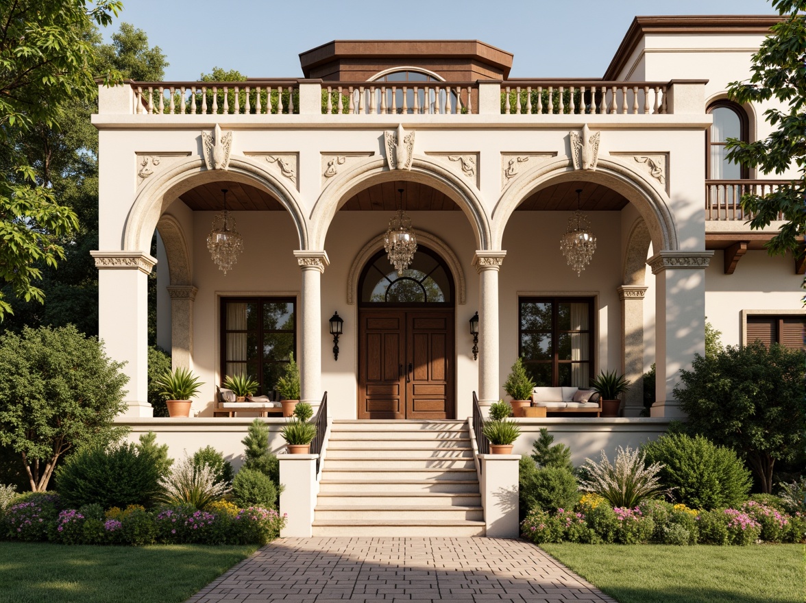 Prompt: Grand villa facade, ornate columns, carved stone details, classical arches, symmetrical composition, lush greenery, blooming flowers, manicured lawns, cobblestone pathways, rustic wooden doors, intricate metalwork, ornate balconies, curved staircases, crystal chandeliers, marble flooring, warm beige tones, soft natural lighting, 1/1 composition, shallow depth of field, realistic textures, ambient occlusion.